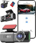 WiFi Dashcam auto eesmine tagumine, 4K + 1080P, autokaamera, App Control autokaamera 64G SD-kaardiga, 170 &deg; + 140 &deg; Ultra lai nurk, Mini 1.47 tolli, &ouml;ine n&auml;gemine, WDR, G-sensor, Loop salvestamine, parkimine