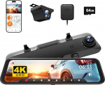 WOLFBOX 12-tolline G850 4K tagurduskaamera peegel 5,8 GHz WiFi ja h&auml;&auml;ljuhtimisega, Dual Dash Cam Mirror auto ees ja taga, Super Night Vision, parkimise j&auml;lgimine, sisaldab 64 GB kaarti ja GPS-i