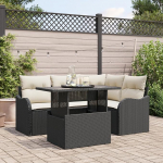 Rantry 5-teiliges Garten Sofa Set mit Kissen Schwarz Poly Rattan, 2-Sitzer Garten Sofa mit Kissen Schwarz Poly Rattan Gartenlounge Model3348453