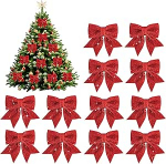 Fantasyon 12 Packs Large Glitter Red Christmas Bows Decorations, J&otilde;ulupuu Bows Ornaments Christmas Decorative Bows, Sequin Bow Ties for Christmas Wreaths