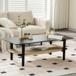 Ya-Home Wooden Coffee Table with Hemp Rope Shelf Living Room Table 2 Levels Coffee Table Living Room 120 x 55 x 42 cm Black