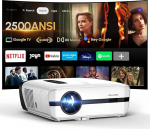 Projektor Google TV 4K HDR10+, 2500 ANSI luumenit p&auml;evavalguses kodukino projektor [motoriseeritud objektiivi kate], Dolby audio, autofookus, WiFi/Bluetooth/HDMI,