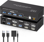 TJCXELE DisplayPort + HDMI KVM l&uuml;liti 2 PC 2 monitori 4K60Hz USB 3.0 KVM l&uuml;liti kahele PC-le, mis jagavad kahte monitori ja 4 USB seadet, toetab kopeerimise ja pikendamise režiimi koos 2 x USB kaabliga