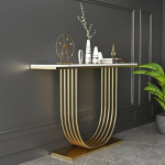 Sinteritud kivist konsoollaud unikaalse disainiga, t&ouml;&ouml;stuslik sissep&auml;&auml;sulaud, kitsas diivanilaud metallist raamiga diivani taga, kaasaegne k&uuml;ljelaud elutuppa (kuldne, L 100 cm / 39 tolli)