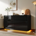 K&ouml;&ouml;gikapi hoiukapp Sideboard madal hoium&ouml;&ouml;bel LED reguleeritava k&ouml;&ouml;gi l&auml;ikega 3 sahtlit ja 2 ust elutuppa s&ouml;&ouml;gituppa (must B, 160 x 35 x 76 cm)