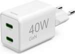 Hama kiirlaadija, 40 W (laadija 2 x USB C, toetab Power Delivery ja Qualcomm kiirlaadimist, kahe seadme samaaegne laadimine, &uuml;liv&auml;ike ja kompaktne, GaN-laadija, akus&otilde;bralik) Valge
