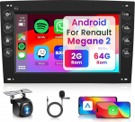 Hodozzy 2G + 64G Androidi autoraadio Renault Megane 2 2002-2009 juhtmevaba Carplay Android autole, autoraadio 7-tollise puuteekraaniga GPS navigatsiooniga Bluetooth WiFi HiFi FM/RDS raadio tagurduskaameraga
