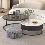 Set mit 2 modernen runden Couchtischen, Holz- und Metallrahmen, stilvolles gepr&auml;gtes Design, ideal f&uuml;r Wohnzimmer und B&uuml;ro, einfache Montage, gro&szlig;e Gr&ouml;&szlig;e