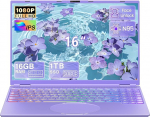 16-tolline FHD s&uuml;learvuti lilla, 1 TB SSD, 16 GB DDR4 RAM, neljatuumaline N95 protsessor kuni 3,4 GHz (Beat N5095 N4120), n&auml;o lukustuse avamine, v&auml;rviline klaviatuur, HDMI, USB 3.0, Type-C, WLAN, 5000 mAh S&uuml;learvuti