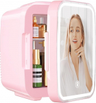 YASHE Mini Fridge Bedroom Skincare with LED Mirror Small Fridge 4L Portable Thermoelectric Heater & Cooler 220V AC/12V DC for Car Office Dormitory (Pink)