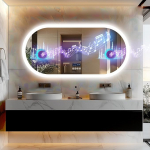 LUVODI Oval Bluetooth Bathroom Mirror with Lighting, 120 x 60 cm, Oval Large Mirror with Bluetooth, Digital Clock, Mirror Heating, 3 Light Colours, Dimmable Wall Mirror for Bathroom, Toilet, Hallway