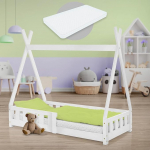 ML-Design Teepee lastevoodi 70 x 140 cm, valge, madratsi, kukkumiskaitse ja liistudega raamiga, valmistatud m&auml;nnipuidust, indiaani voodi t&auml;ispuidust t&uuml;drukutele ja poistele, maja voodi koos aiaga, noorte voodi, m&auml;nguvoodi