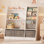 NACHES Kinderregal mit 3 Aufbewahrungsboxen aus Vliesstoff, B&uuml;cherregal Kinder Montessori mit 4 Ablage und 2 offnen F&auml;chern, Kinderzimmer Regal f&uuml;r Spielzeug Organizer, 91x38x92cm (Wei&szlig;)