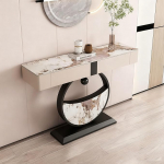 YITAYMLI Moderner rechteckiger schmaler Konsolentisch,Steinplatte, Luxus-Sofatisch mit Zwei Aufbewahrungsschubladen,moderner minimalistischer Flurschrank,kreative Metallbasis(Black B,80cm/31.5in)