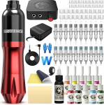Wormhole Tattoo Machine Set Tattoo Set Tattoo Pen 10 Cartridges Tattoo Needles Tattoo Pedal Power Supply Tattoo Accessories for Tattoo Artists Red