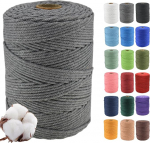 Klhamky 4 mm x 300 m Natural Macrame Cotton Cord - Cotton Macrame Rope, 4-Way Twisted Made of 100% Natural Cotton for Handmade Wall Hangings, DIY, Crafts, Knitting