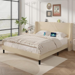 VECELO Upholstered Bed 140 x 200 cm with USB & Type-C Connections, Double Bed with Headboard and 2 Side Pockets, Bed Frame with Slatted Frame, Youth Bed, Linen, Without Mattress, Beige