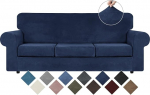 WEERRW 4 Pieces Velvet High Stretch Couch Covers for 3 Pillows, Couch, Sofa, Slipcovers, Washable Furniture Protector with Non-Slip Elastic Bottom, Soft and Thick Plush Fabric, Navy Blue, Large
