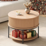 YITAHOME &uuml;mmargune kohvilaud 2-tasandilise hoiuruumiga, l&uuml;kandustega kohvilaud Tamburi disainiga elutuppa, puidust kohvilaud, tammepuust