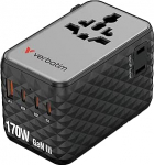 Verbatim GaN Universal Travel Adapter 170 W must, pistikupesa adapter ja 3 x USB-C, 1 x USB-A, 2 x USA/JP port, kiirlaadija MacBookile, s&uuml;learvutile, iPhone 17/16/15, Galaxy S25, &uuml;lemaailmne kasutamine