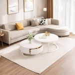 Round Coffee Table White Set of 2 Couch Table 50 + 70 cm Marble Coffee Table with Solid Wood Drawer Modern Living Room Table White Side Table Sturdy Metal Frame Nesting Tables for Living Room Office