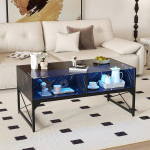 GOPLUS k&otilde;rgl&auml;ikega kohvilaud, LED-valgustusega elutoa laud, 4 avatud sektsiooni, marmori v&auml;limus ja karastatud klaasist plaat, teelaud, diivanilaud, kohvilaud kontorisse, elutuppa (must)