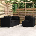 3-TLG. Garten-Lounge-Set mit Kissen in Schwarz aus Poly Rattan, Outdoor Sofagarnitur als Komfortables Lounge-Set Poly Rattan f&uuml;r Ihre Garten
