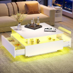BTM kaasaegne k&otilde;rgl&auml;ikega LED kohvilaud 70 x 70 x 41 cm, 2 sahtlit l&auml;bipaistev esitlusala, maksimaalne koormus 30 kg, ideaalne stiilne elutuba