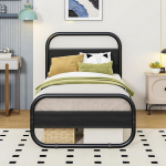 HOMERECOMMEND Voodiraam 90 x 200, metallist ja puidust voodiraam lamelliraamiga, voodi 90 x 200 cm peaplaadiga, ovaalne platvormvoodi voodi all oleva panipaigaga, must