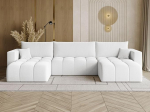 GRAINGOLD Neva U nurgadiivan magamisfunktsiooniga & voodikastiga 370 x 170 cm, U-kujuline diivan hoiuruumiga, diivanvoodi elutuppa, Boucl&eacute; kangas, 5-kohaline elamusmaastik, kaasaegne disain (valge)