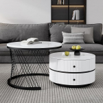 BTM Elegantne 2-osaline valge pesakujuline kohvilaudade komplekt, 60 x 60 x 46 cm ja 50 x 50 x 31 cm, &uuml;mmargused lauad k&otilde;rgl&auml;ikega marmori v&auml;limusega, 2 sahtlit, maksimaalne koormus 30 kg, pesakujuline kombineeritud kohvilaud