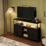 MUTUN TV kapp LED valgustusega, Lowboard TV jaoks 4 riidest sahtliga, V-laud ja TV laud, mitmek&uuml;lgne TV kapp elutuppa ja magamistuppa, stiilne TV m&ouml;&ouml;bel, must