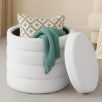 Navaris Pouf Stool, Storage Stool, White, Round, Dressing Table, Stool with Storage Space, Ottoman Dressing Table Stool, Dressing Stool, Poufs Upholstered Stool, Teddy Fabric