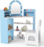 COSTWAY Laste nurgakommete laud koos valgustusega, printsessi riietuslaud 3 v&auml;rvilise LED-peegliga, 3 hoiukambriga, 5 avatud kambriga ja aksessuaaridega, laste nurgakommete laud.