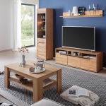 Lomadox Wohnm&ouml;bel Set Eiche teilmassiv modern 4-teilig, 1 Vitrine, 1 Wandboard, 1 Lowboard, 1 Couchtisch, LED-Beleuchtung - Massivholz/Echtholz/Furniert