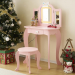 LALAHO Children's Dressing Table with Stool LED Light Dressing Table Children's Dressing Table for Girls Dressing Table with Drawer (Pink)