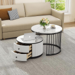 BTM Elegantne 2-osaline valge pesakujuline kohvilaudade komplekt, 60 x 60 x 45,5 cm ja 50 x 50 x 32 cm, &uuml;mmargused lauad k&otilde;rgl&auml;ikega marmori v&auml;limusega, 2 sahtlit, maksimaalne koormus 30 kg, pesakombineeritud kohvilaudade komplekt.