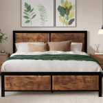VECELO voodiraam 140 x 200 cm metallist voodi paksu puidust peatsiga, metallist kaheinimesevoodi raam lamellip&otilde;hjaga, palju panipaiku voodi all, sobib ideaalselt magamistuppa, pruun