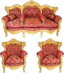 Casa-Padrino Baroque Living Set Bordeaux Bouquet muster/Kuldne - 3er diivan + 2 tugitooli