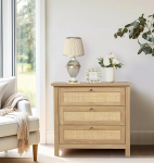 Hallowood Furniture Newquay Oak Effect Chest of Drawers with 3 Wooden Drawers and Rattan Front, Small Chest of Drawers, Bedside Drawers, Hallway & Bedroom, Living Room Cabinets