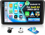 4+128G Autoradio Android 15 Audi A3 2003-2013, 9-tolline Incell puuteekraaniga autoraadio juhtmevaba Carplay Android autoga, Bluetooth, 2 USB pesa WiFi GPS FM/RDS SWC tagurduskaamera ja mikrofoniga