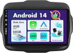 SXAUTO Android 14 IPS autoraadio Jeep Renegade'ile (2015-2018) - Sisseehitatud Carplay/Android Car/DSP - LED kaamera + MIC - 4G + 64G - DAB 360-CAM roolijuhtimine Fast Boot WiFi AHD BT - 2 DIN 9-tolline