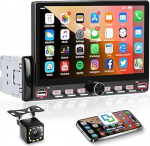 Hodozzy Autoradio 1 Din mit Bluetooth Bildschirm, 7 Zoll Touchscreen 1 Din MP5 Player mit Airplay, FM Radio, Video-Freigabe, EQ, Type-C/USB, SWC und Farbiger Hintergrundbeleuchtung+ Tagfahrkamera