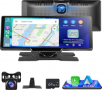 Podofo 9,3-tolline kaasaskantav autoradio 2.5K Dual Dash Cam koos traadita A-apple Carplay Android autoekraaniga, 7-32V puuteekraan koos h&auml;&auml;lassistendiga / Bluetooth / FM saatja / AUX / 64G TF Card Foward kaameraga