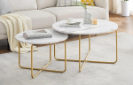 GOKHOMX Set of 2 Round Marble Effect Side Table with Gold Metal Structure Round Side Table Modern Living Room Table Suitable for Living Room Bedroom Balcony Load 30kg