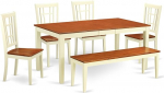 East West Furniture NICO6-WHI-W 6-teiliges Esstisch-Set enth&auml;lt einen rechteckigen Esszimmertisch mit Schmetterlingsblatt und 4 Holzst&uuml;hlen mit einer Bank, 91,4 x 167,8 cm, Buttermilch und Kirsche