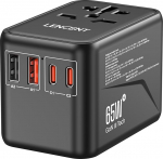 LENCENT Universal Travel Adapter, GaN3 65W rahvusvaheline adapter 2 QC4.0 USB-A+2 PD3.0 Type-C PPS kiirlaadimisega, &uuml;lemaailmne reisipistiku adapter USA/UK/EL/AUS pistikupesadele, must