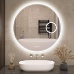 S'bagno Runder Badspiegel mit LED-Leuchten 800mm, Bluetooth LED Badspiegel mit 5-Fach Lupe, Beschlagfrei, 3000K-6500K, Dimmbar, HD Geh&auml;rtetes Glas, Speicher, IP44 Wasserdicht