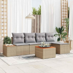 Modulares Gartensofa-Set 6-teilig in Schwarz und Creme aus Akazienholz und Polyrattan mit Kissen f&uuml;r den Au&szlig;enbereich als Outdoor-Sofa-Gruppe