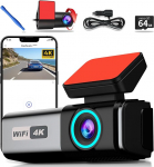 Dash Cam auto eesmine tagumine 4K + 1080P Dual Dash Cam WiFi autokaamera, mini autokaamera 64GB SD kaardiga G, Super Night Vision, WDR, 170 &deg; lai nurk, G-sensor, App Control, Loop salvestamine